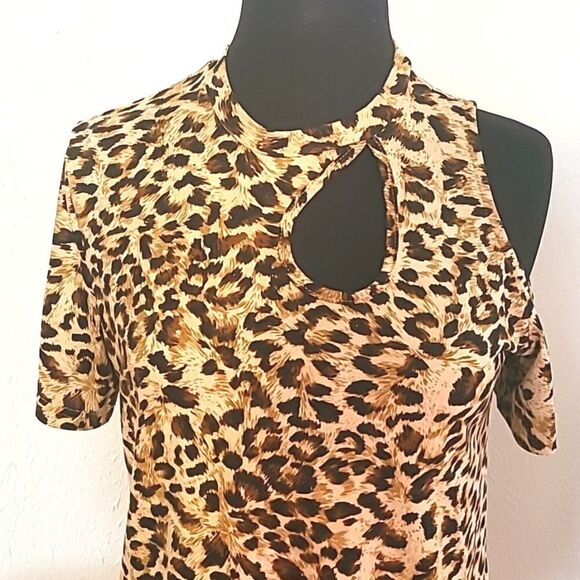 Leopard Print One Cold-Shoulder Mini-Dress, Size Medium,  NWOT - Picture 2 of 7